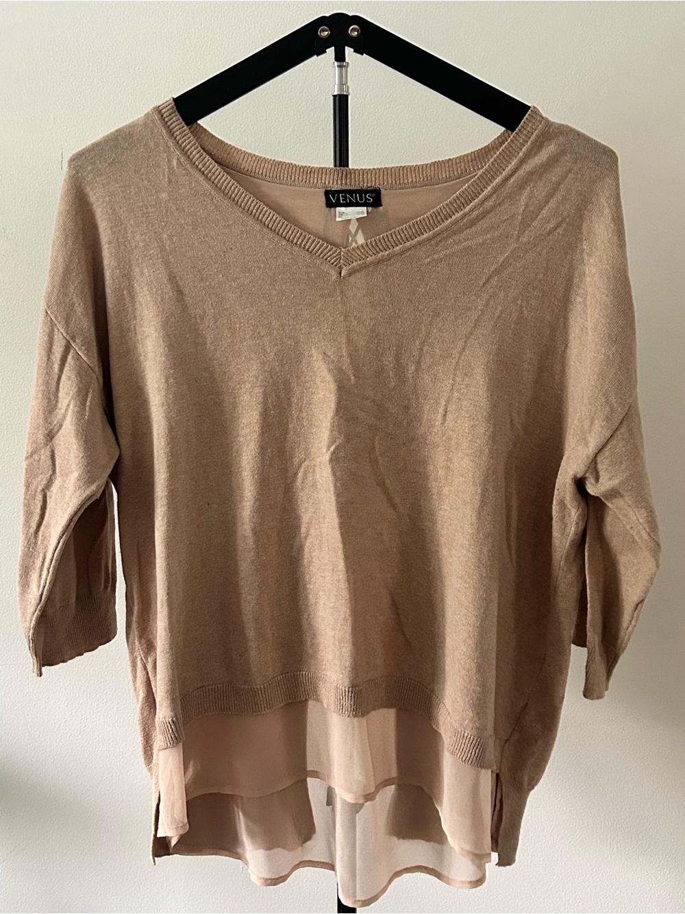 VENUS Taupe Knit V-Neck Tunic with Sheer Layered Hem
